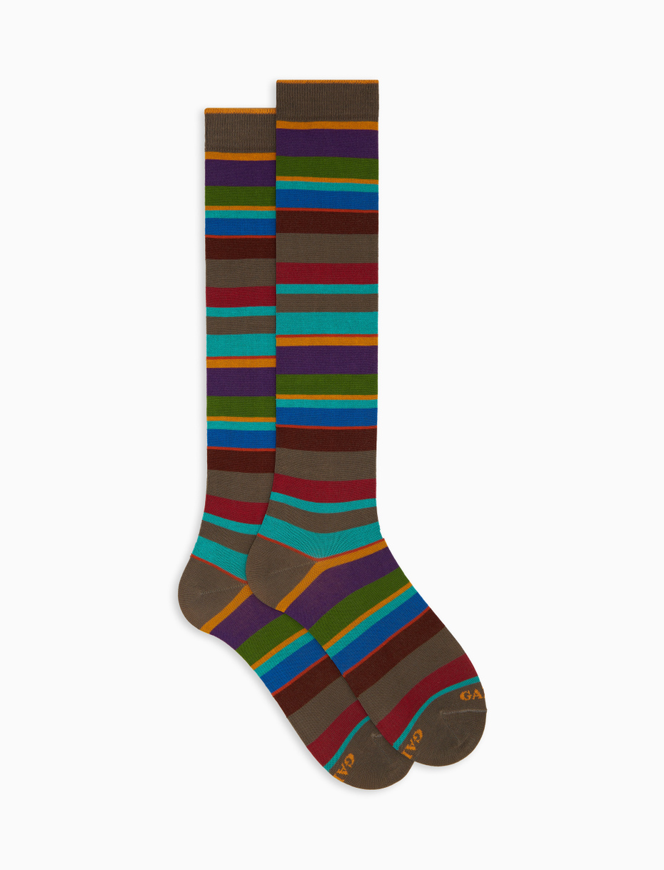 Men's long brown cotton socks with multicoloured stripes - Gallo 1927 - Official Online Shop