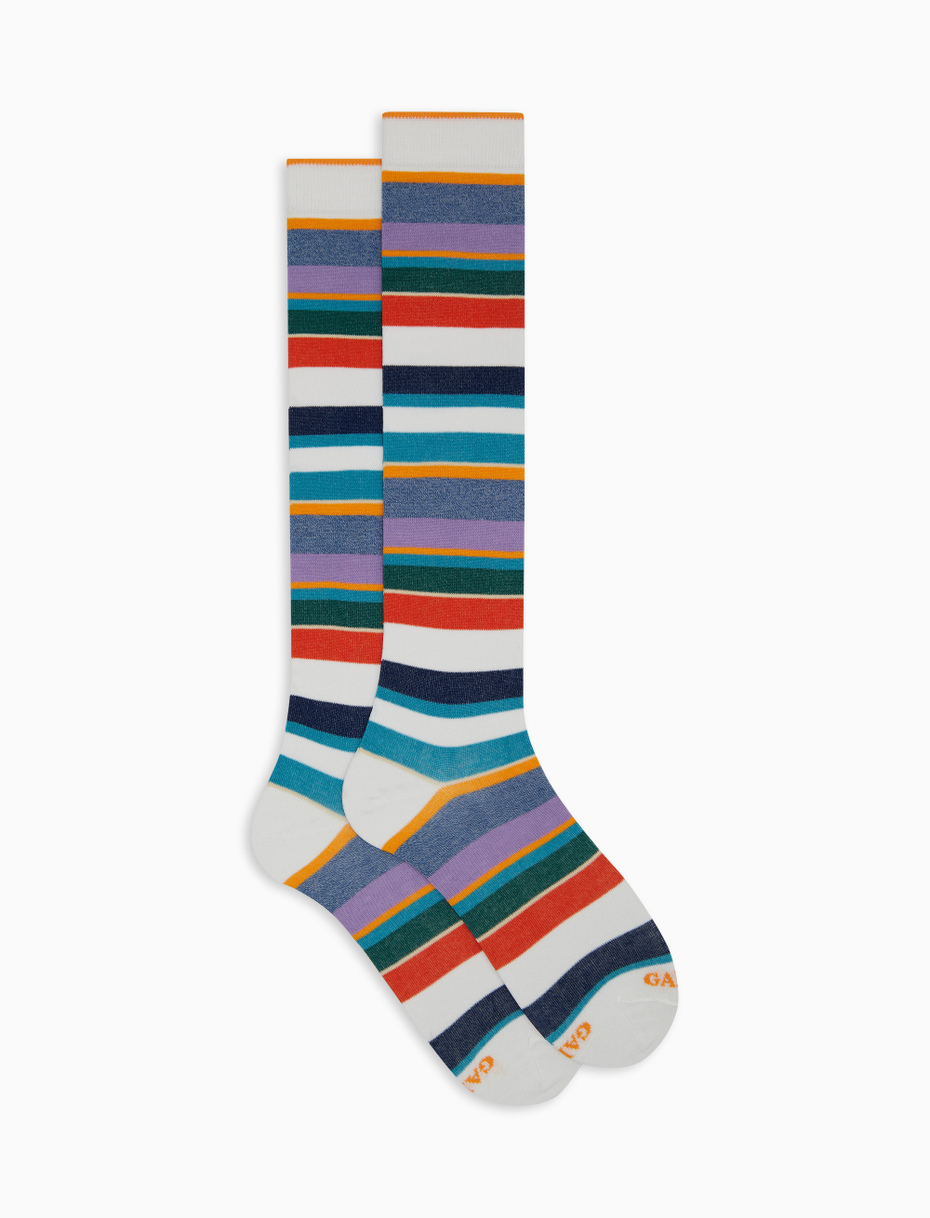 Men's long white cotton socks with multicoloured stripes - Gallo 1927 - Official Online Shop