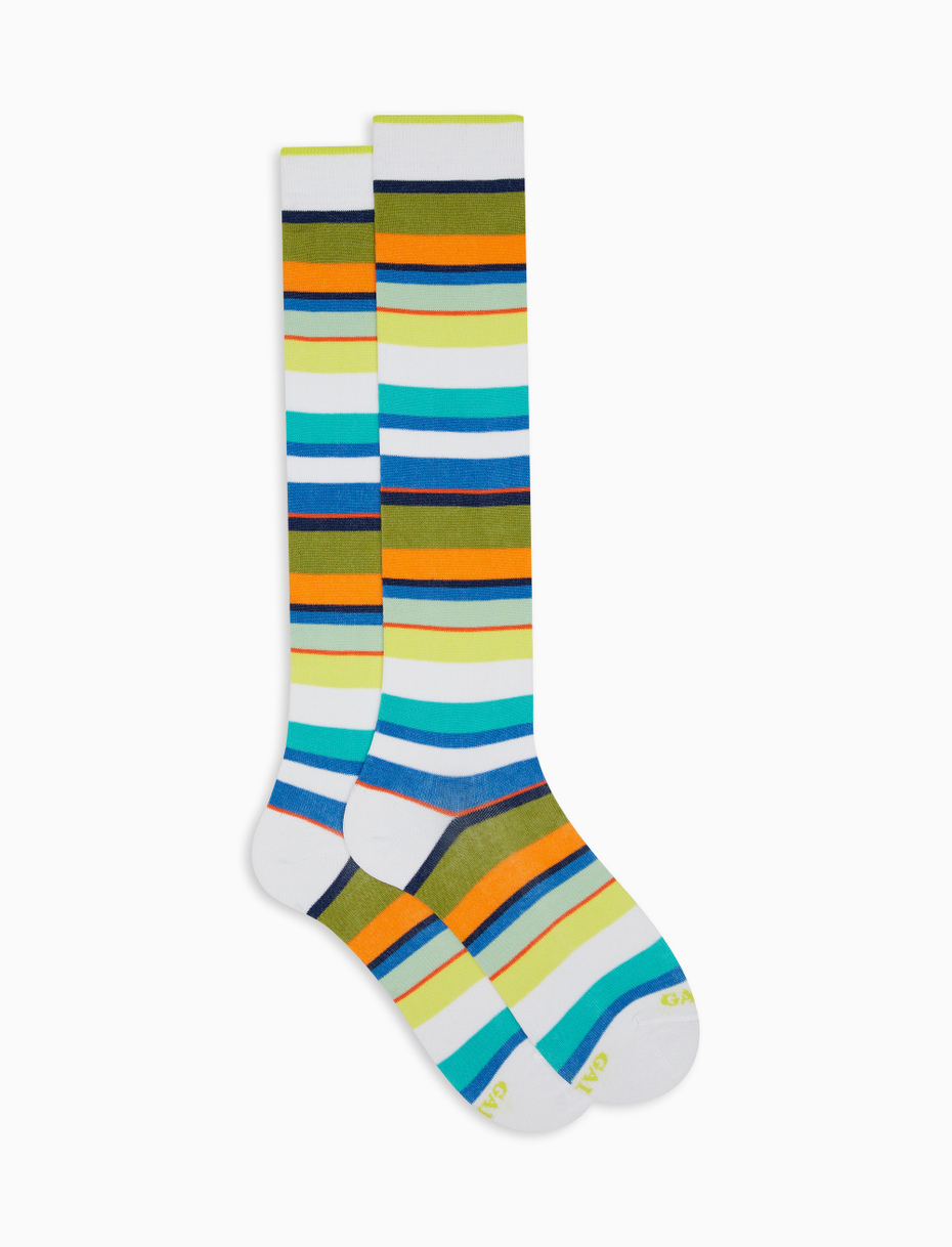 Men's long white light cotton socks with multicoloured stripes - Gallo 1927 - Official Online Shop