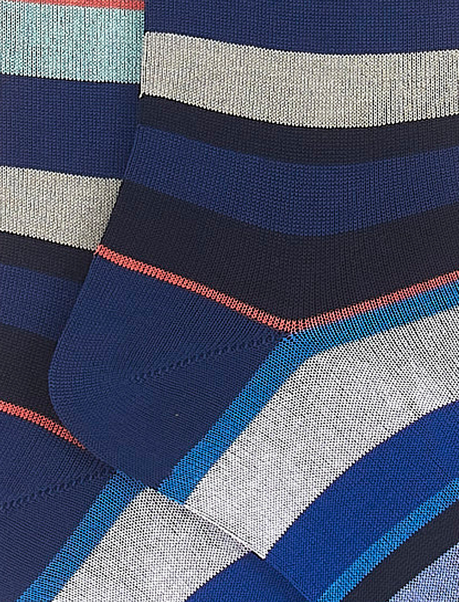Men's long royal/lake green light cotton socks with multicoloured stripes - Gallo 1927 - Official Online Shop