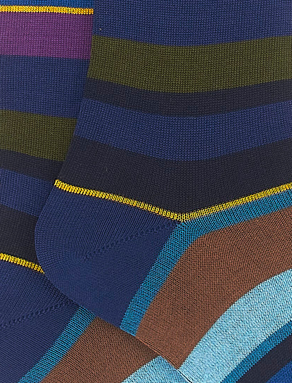 Men's long royal blue/violet light cotton socks with multicoloured stripes - Gallo 1927 - Official Online Shop