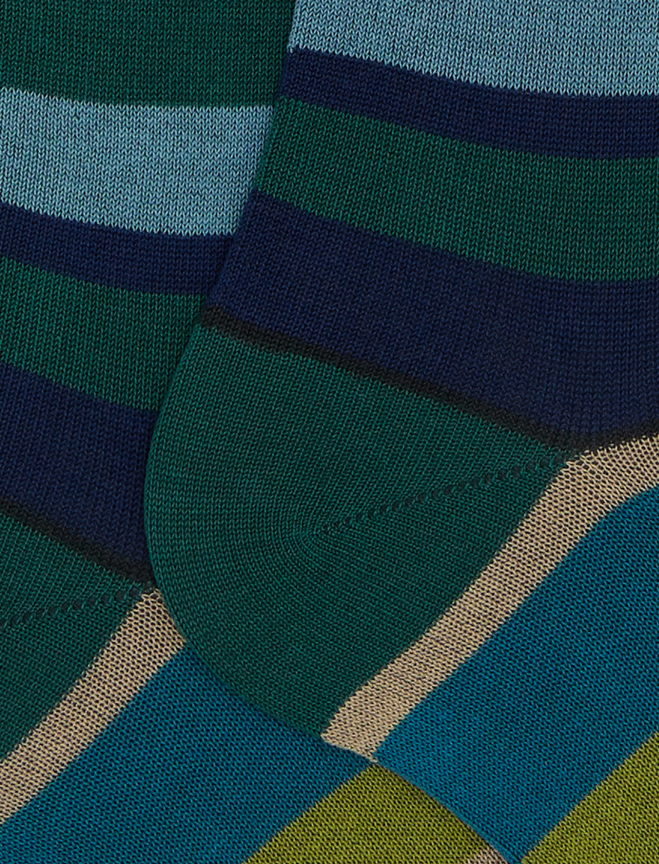 Men's long green cotton socks with multicoloured stripes - Gallo 1927 - Official Online Shop