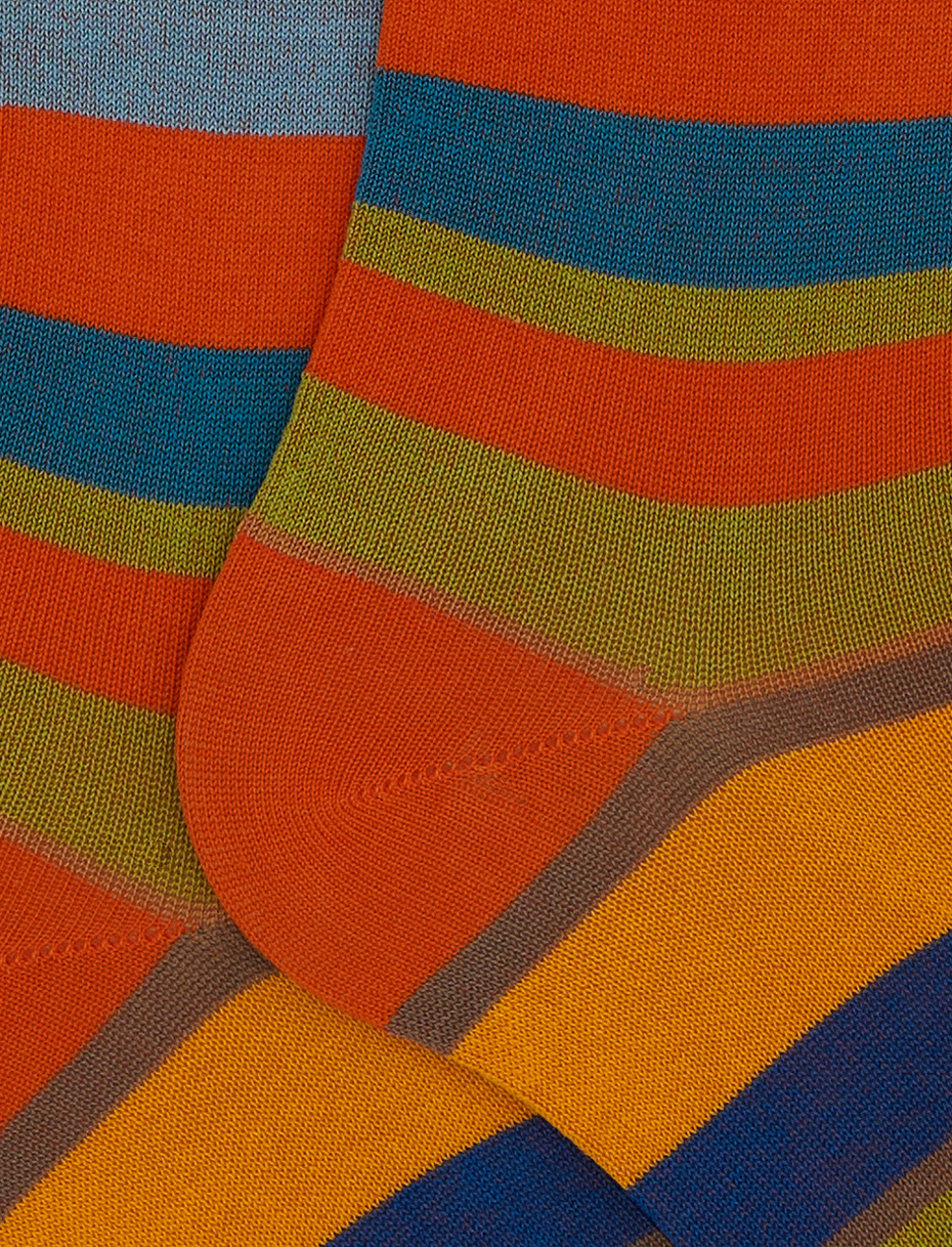 Men's long orange cotton socks with multicoloured stripes - Gallo 1927 - Official Online Shop