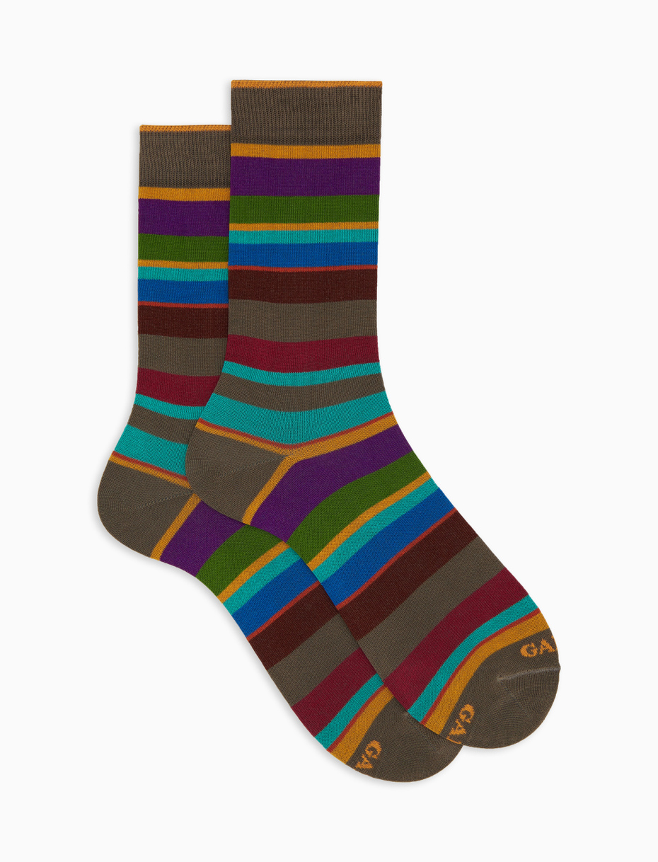 Men's short brown cotton socks with multicoloured stripes - Gallo 1927 - Official Online Shop