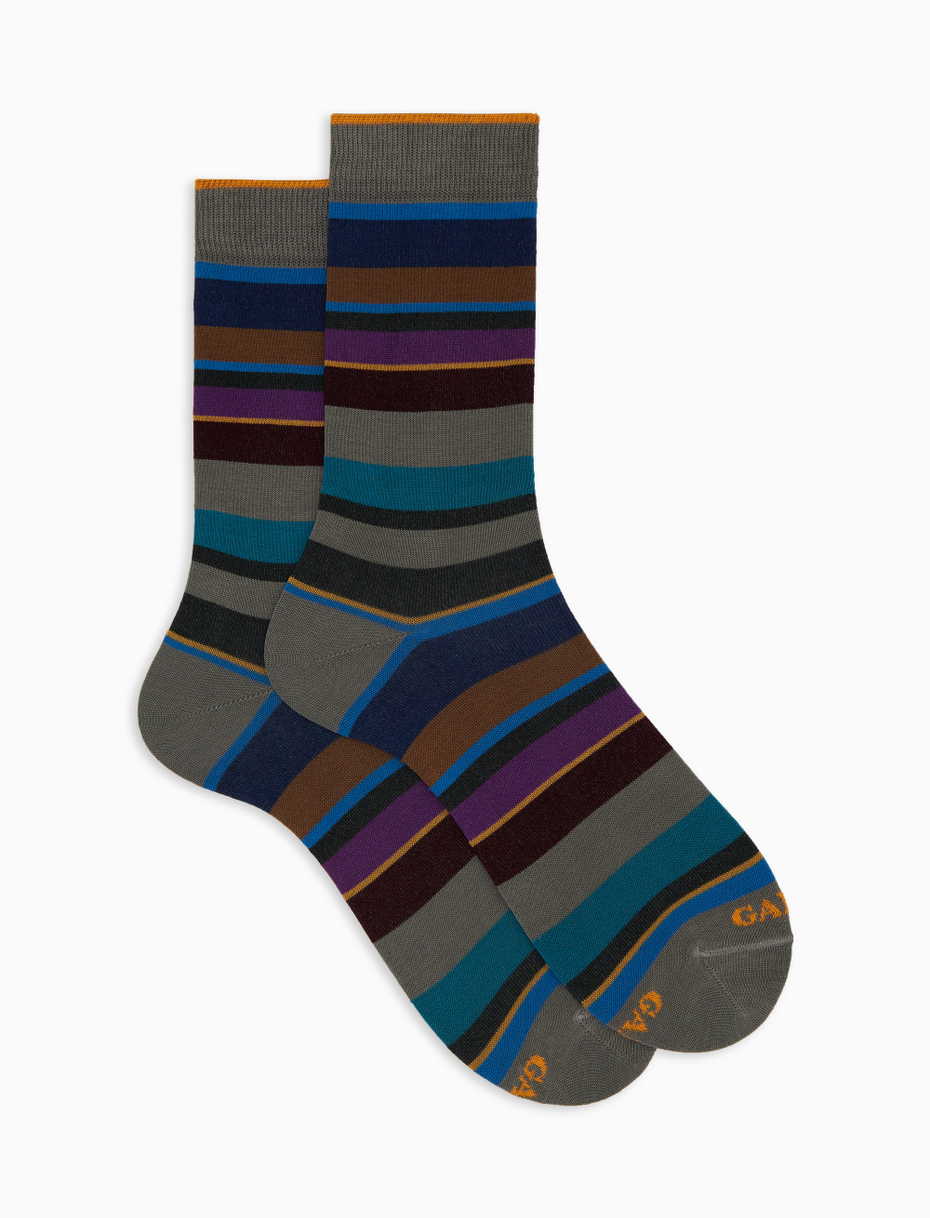 Men's short grey cotton socks with multicoloured stripes - Gallo 1927 - Official Online Shop