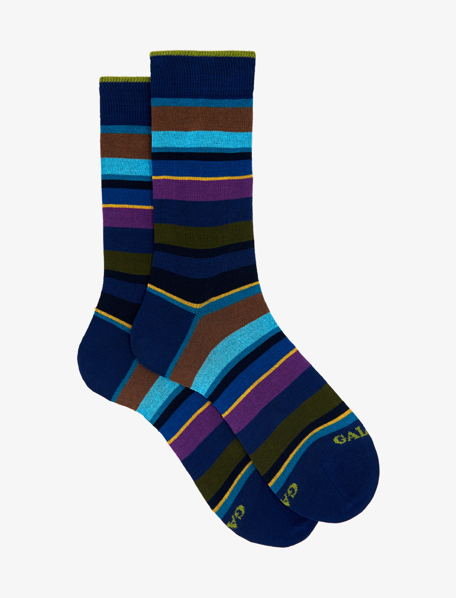 Men's short royal blue/violet light cotton socks with multicoloured stripes - Gallo 1927 - Official Online Shop