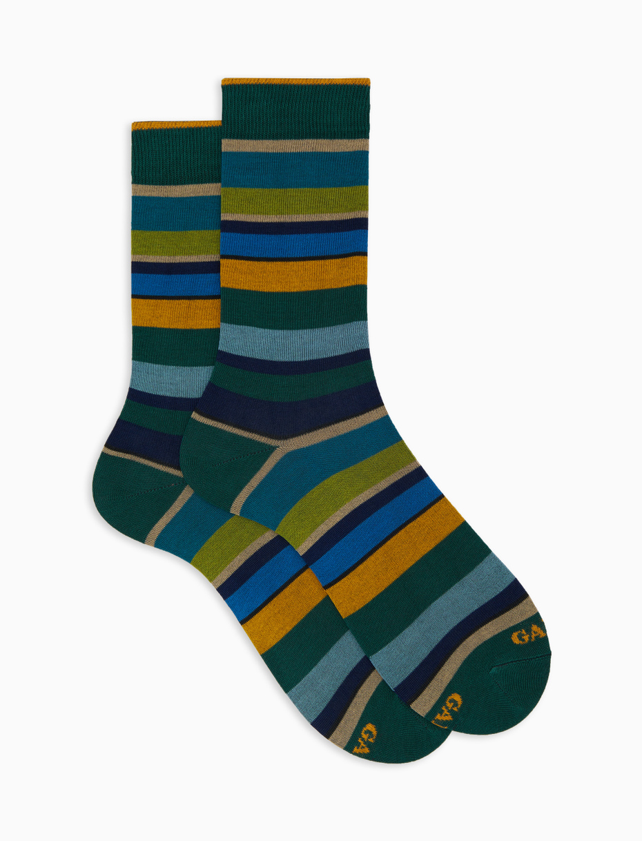 Men's short green cotton socks with multicoloured stripes - Gallo 1927 - Official Online Shop