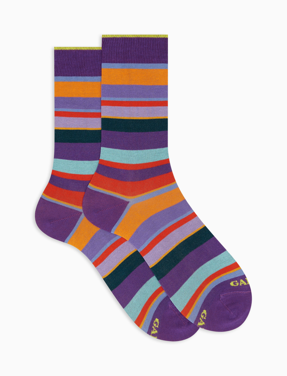 Men's short violet light cotton socks with multicoloured stripes - Gallo 1927 - Official Online Shop