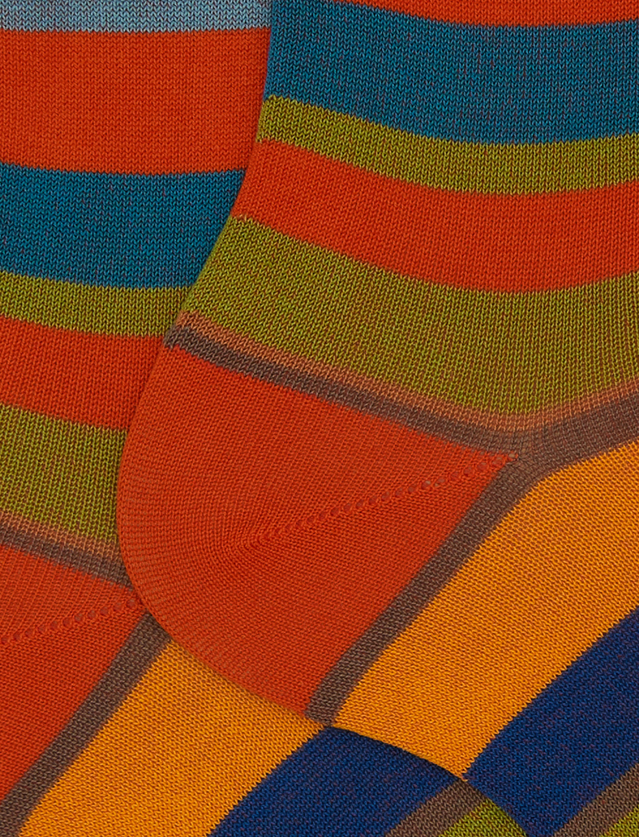 Men's short orange cotton socks with multicoloured stripes - Gallo 1927 - Official Online Shop