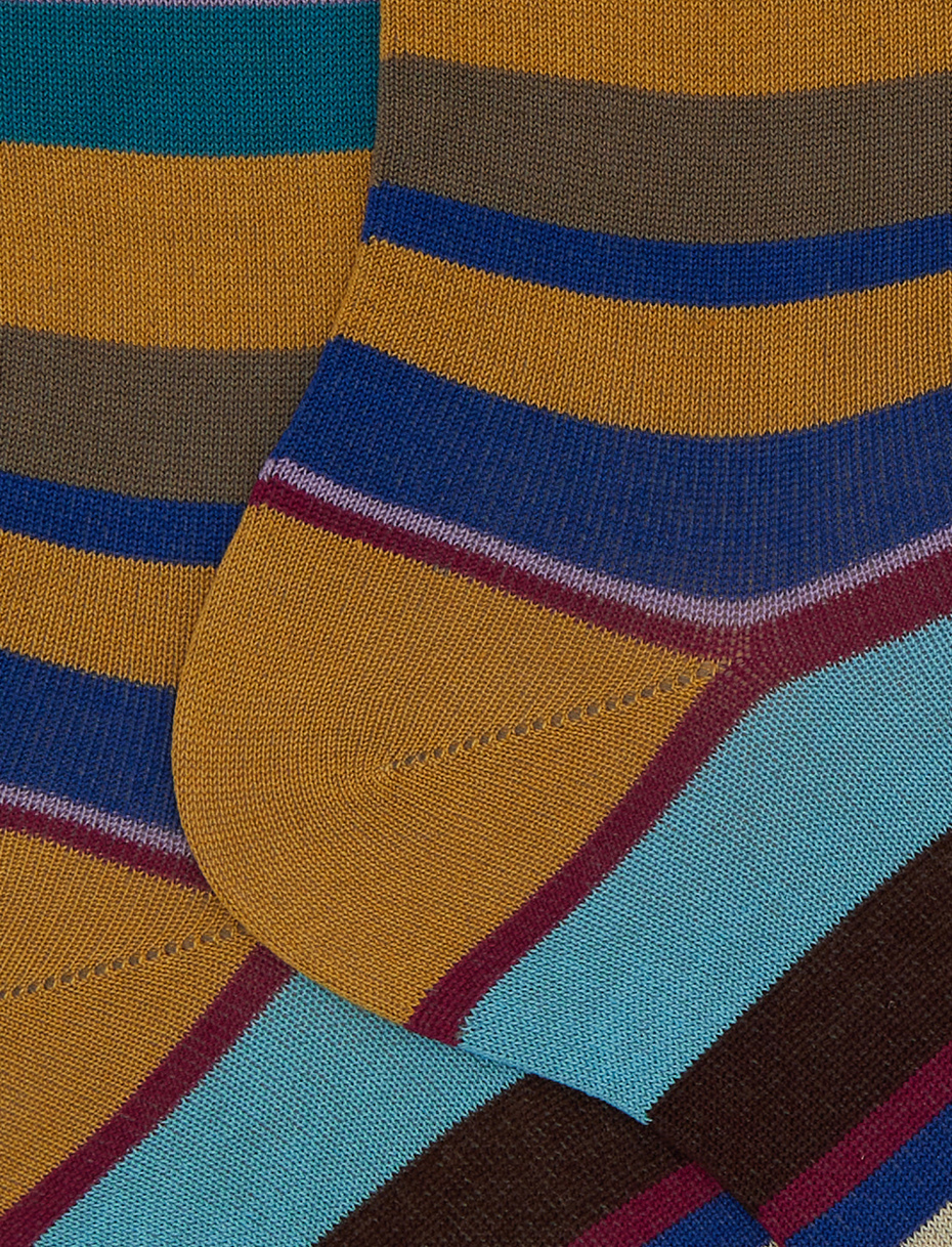 Men's short yellow cotton socks with multicoloured stripes - Gallo 1927 - Official Online Shop