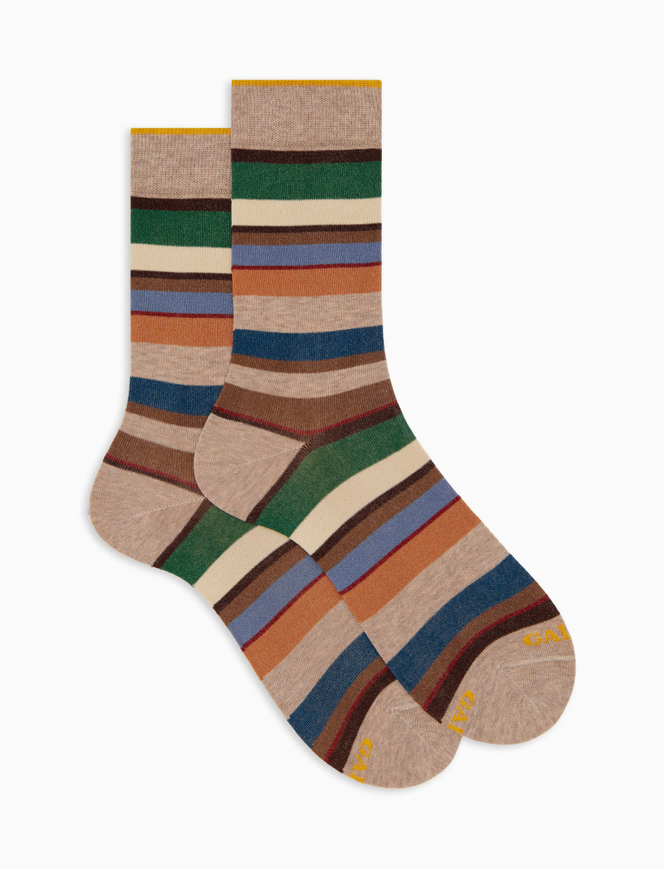 Men's short beige cotton socks with multicoloured stripes - Gallo 1927 - Official Online Shop