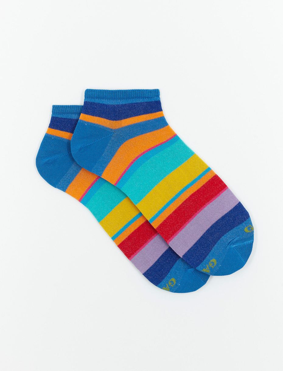 Men's Aegean blue light cotton ankle socks with multicoloured stripes - Gallo 1927 - Official Online Shop
