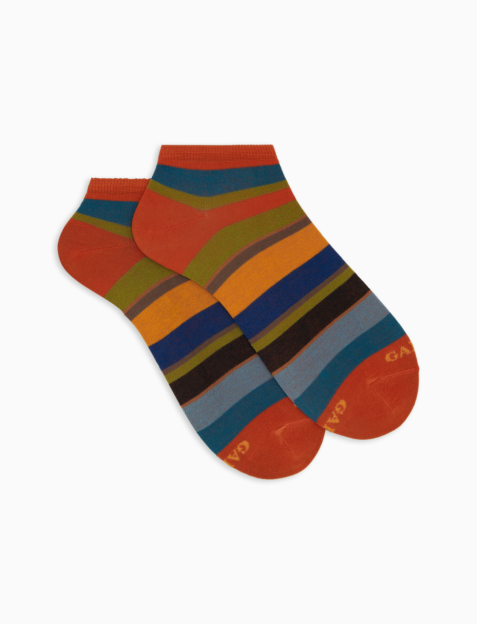 Men's orange cotton ankle socks with multicoloured stripes - Gallo 1927 - Official Online Shop