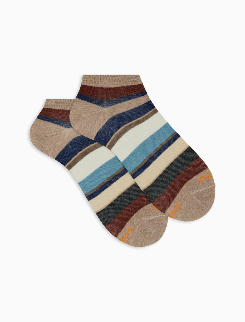 Men's beige cotton ankle socks with multicoloured stripes - Gallo 1927 - Official Online Shop