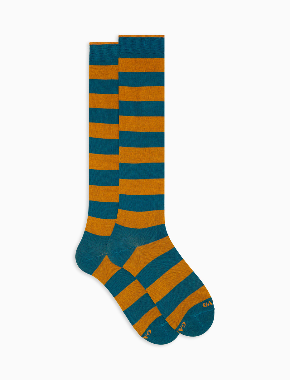 Men's long light blue cotton socks with two-tone stripe pattern - Gallo 1927 - Official Online Shop