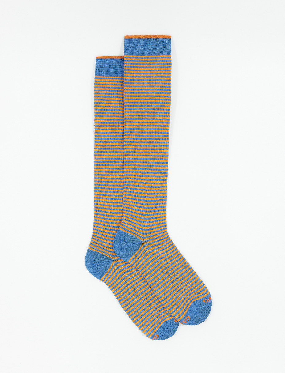 Men's long Aegean blue light cotton socks with Windsor stripes - Gallo 1927 - Official Online Shop