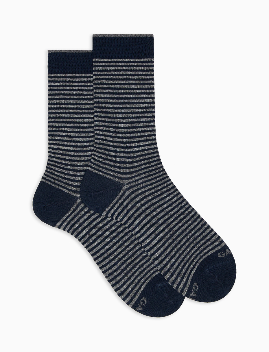 Men's short ocean blue/stone grey light cotton socks with Windsor stripes - Gallo 1927 - Official Online Shop