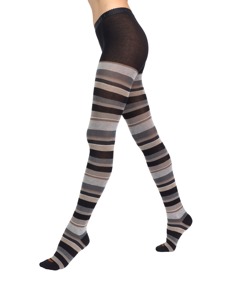 Women's black cotton tights with multicoloured strips