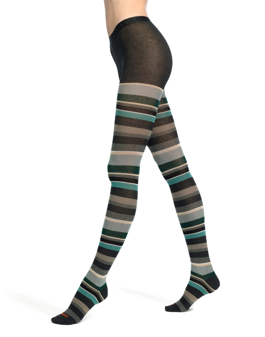 Women's charcoal grey cotton tights with multicoloured strips