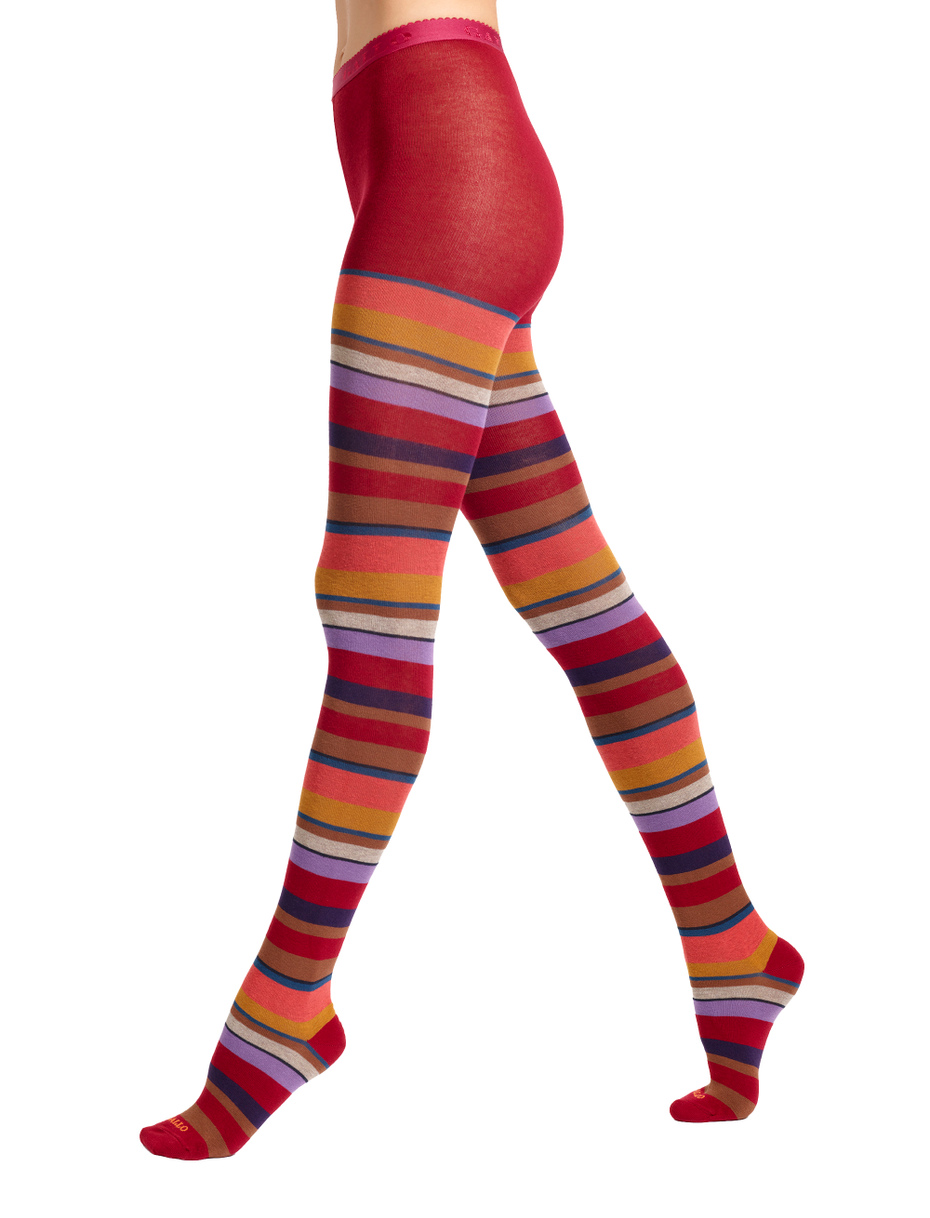Women's burgundy cotton tights with multicoloured strips - Gallo 1927 - Official Online Shop