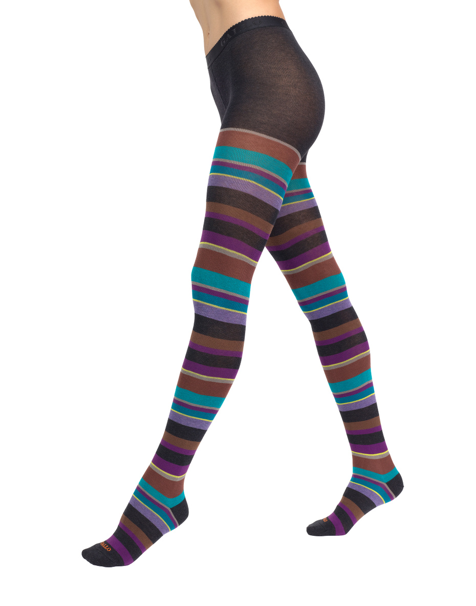 Women's purple cotton tights with multicoloured strips