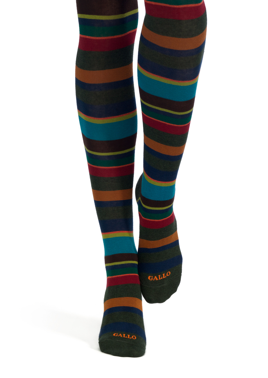 Women's forest green cotton tights with multicoloured strips - Gallo 1927 - Official Online Shop
