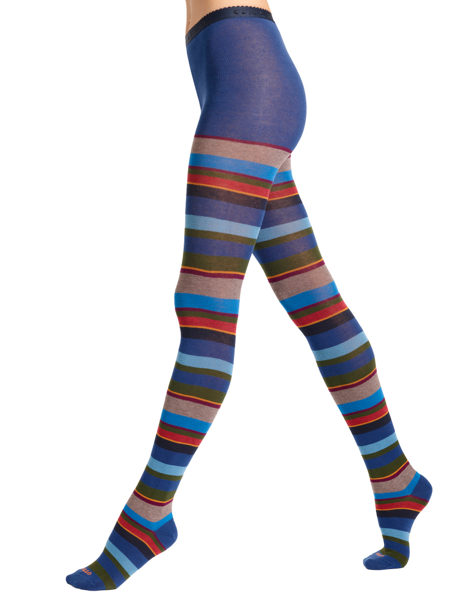 Women's blue cotton tights with multicoloured strips - Gallo 1927 - Official Online Shop