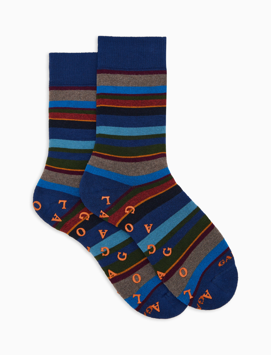 Men's short non-slip blue cotton socks with multicoloured stripes - Gallo 1927 - Official Online Shop