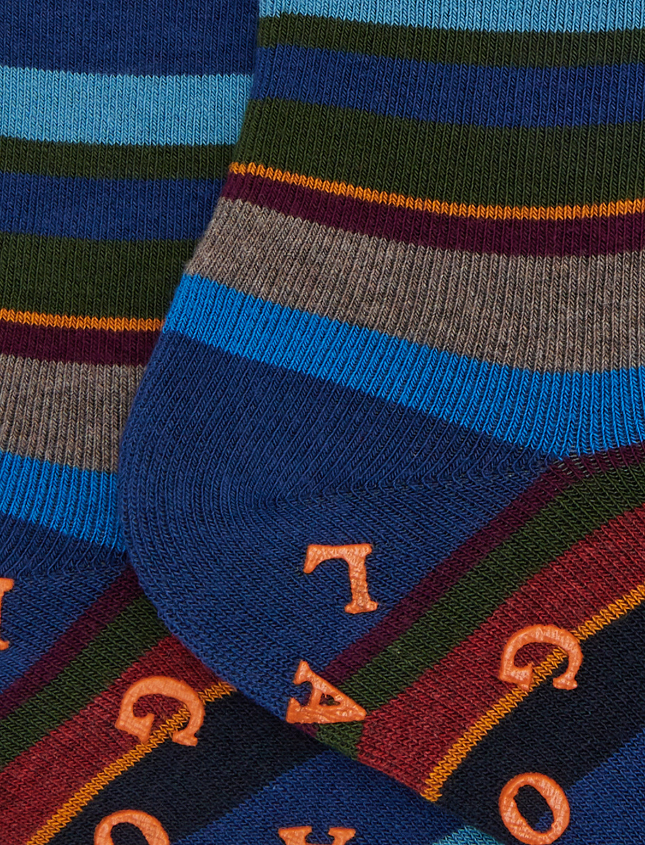 Men's short non-slip blue cotton socks with multicoloured stripes - Gallo 1927 - Official Online Shop