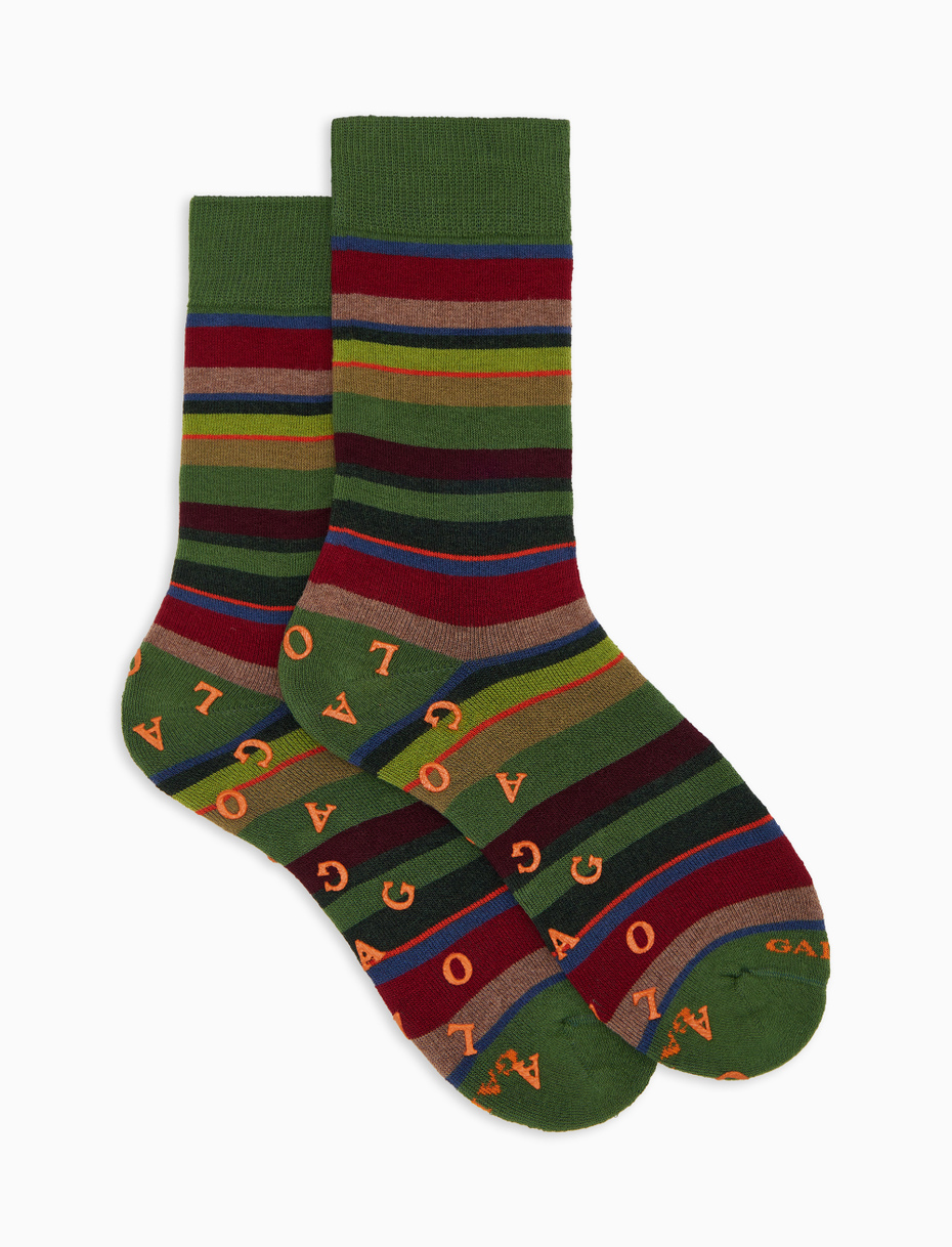 Men's short non-slip green cotton socks with multicoloured stripes - Gallo 1927 - Official Online Shop