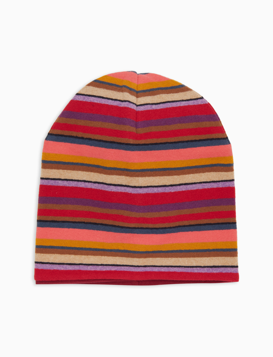 Unisex reversible burgundy fleece beanie with multicoloured stripes - Gallo 1927 - Official Online Shop