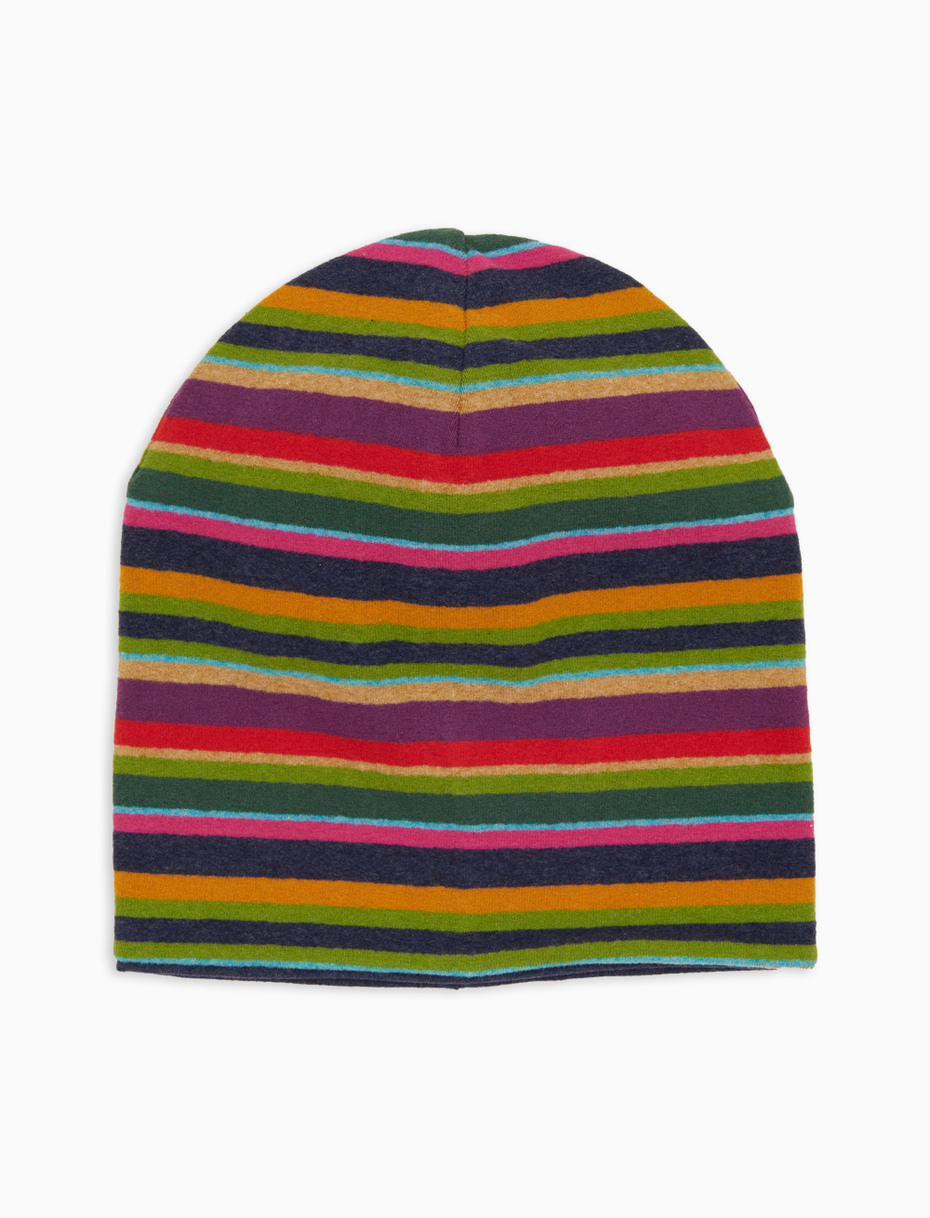Unisex reversible blue fleece beanie with multicoloured stripes - Gallo 1927 - Official Online Shop