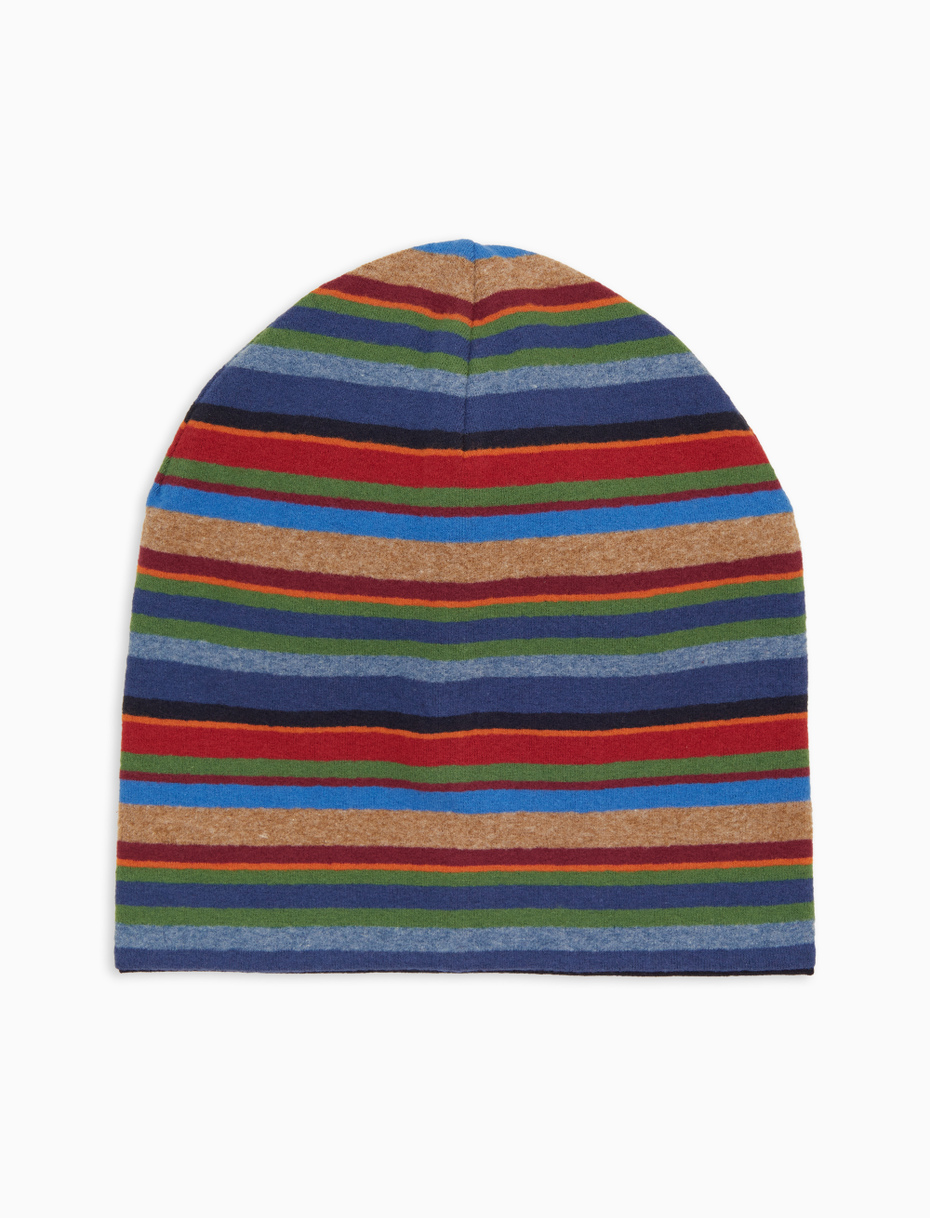 Unisex reversible blue fleece beanie with multicoloured stripes - Gallo 1927 - Official Online Shop