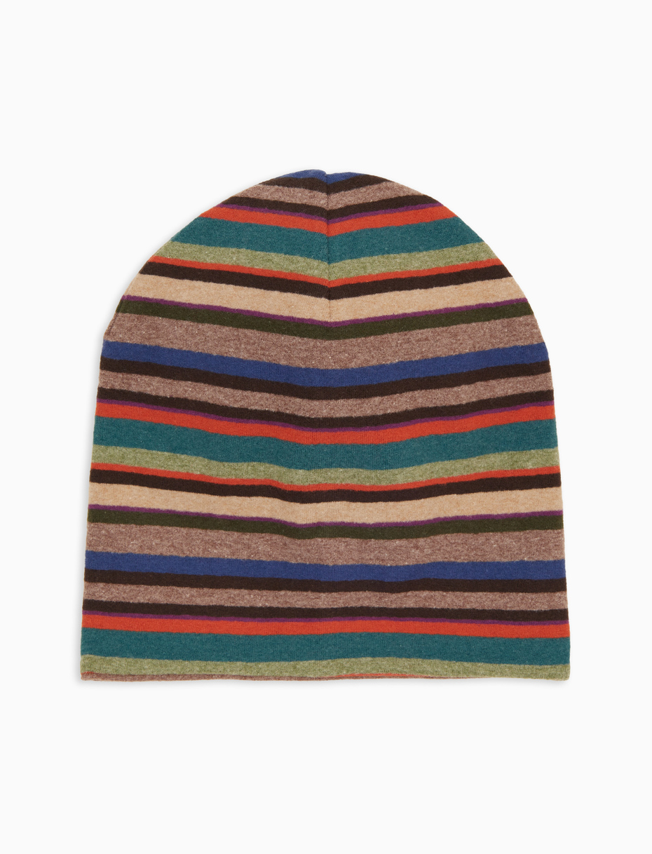 Unisex reversible beige fleece beanie with multicoloured stripes - Gallo 1927 - Official Online Shop