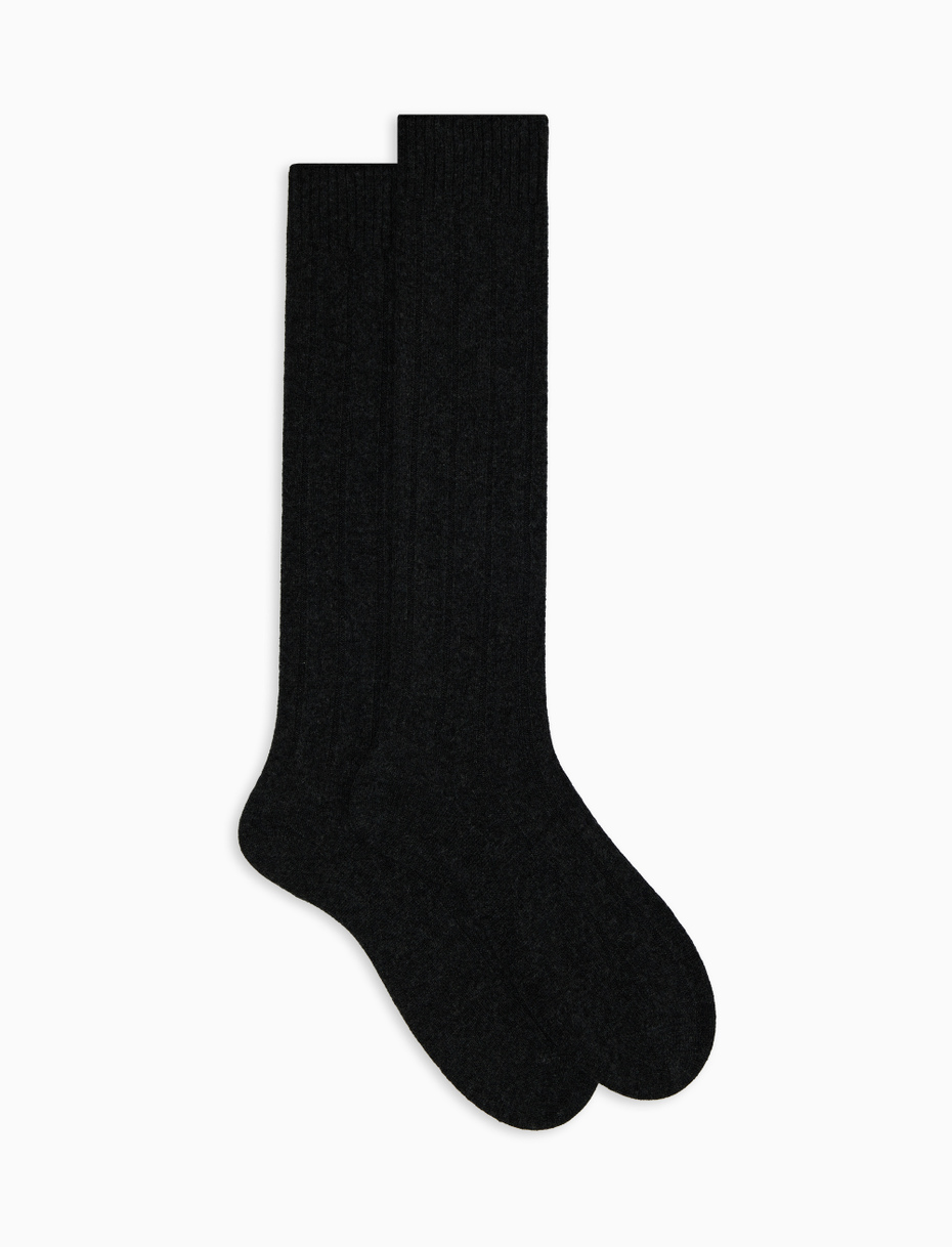Women’s long plain grey ribbed cashmere socks - Gallo 1927 - Official Online Shop