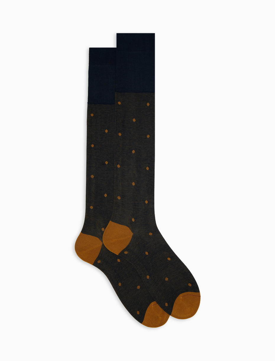 Men's long ocean blue/curry cotton socks with polka dots on iridescent base - Gallo 1927 - Official Online Shop