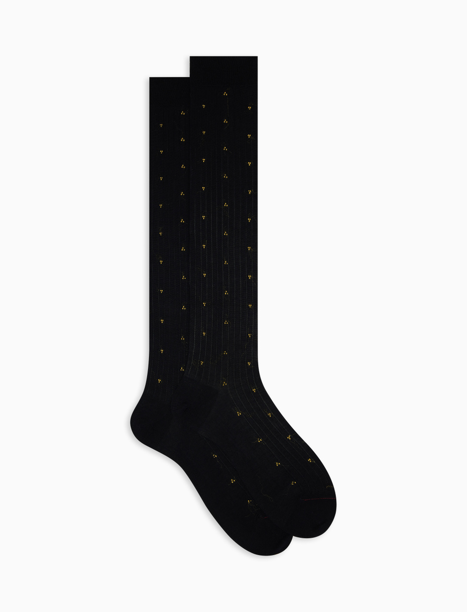Men's long blue cotton socks with yellow embroidery - Gallo 1927 - Official Online Shop
