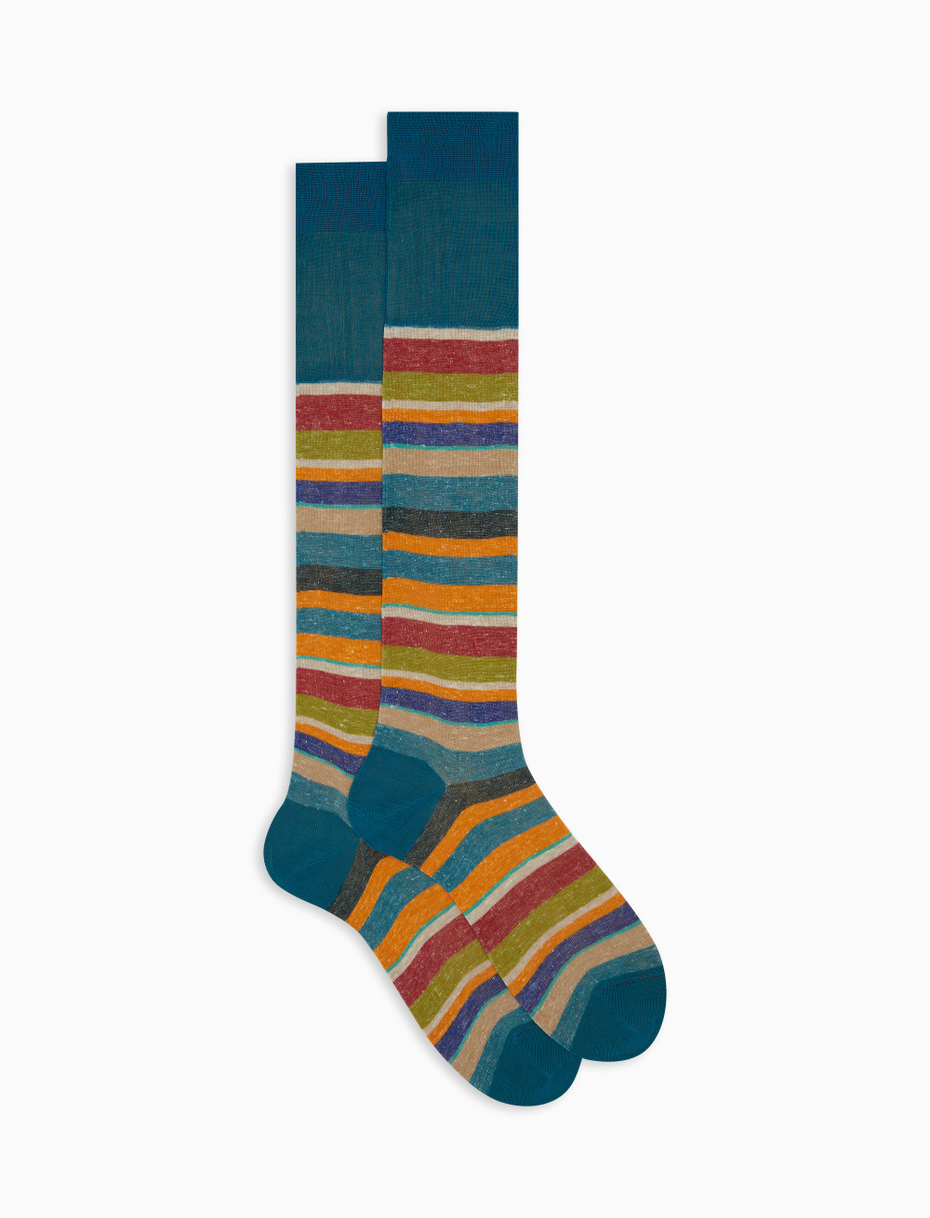 Men's long light blue cotton and linen socks with multicoloured stripes - Gallo 1927 - Official Online Shop