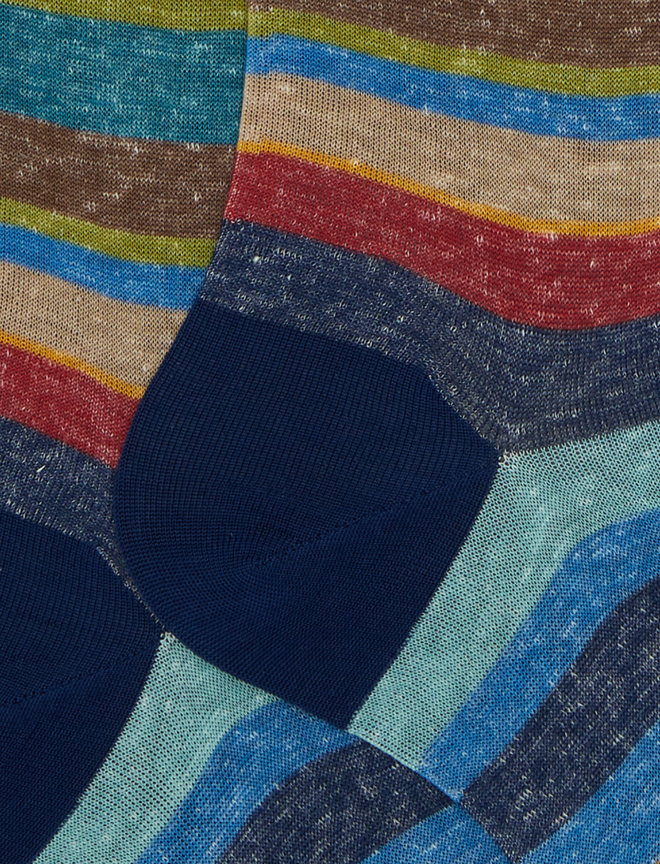 Men's long blue cotton and linen socks with multicoloured stripes - Gallo 1927 - Official Online Shop