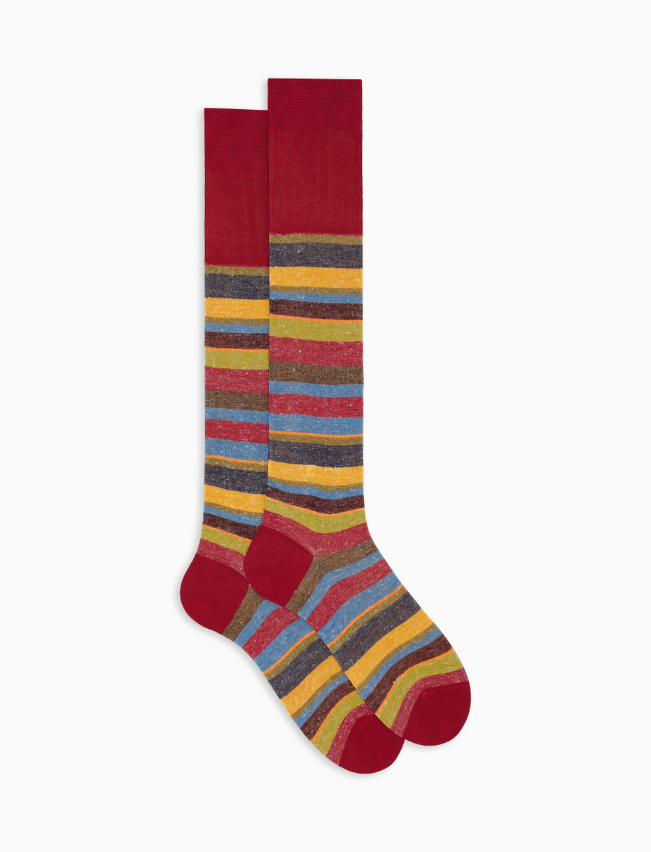 Men's long red cotton and linen socks with multicoloured stripes - Gallo 1927 - Official Online Shop
