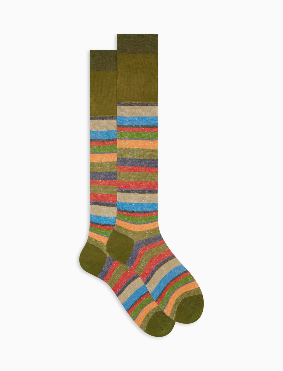 Men's long moss green cotton/linen socks with multicoloured stripes - Gallo 1927 - Official Online Shop