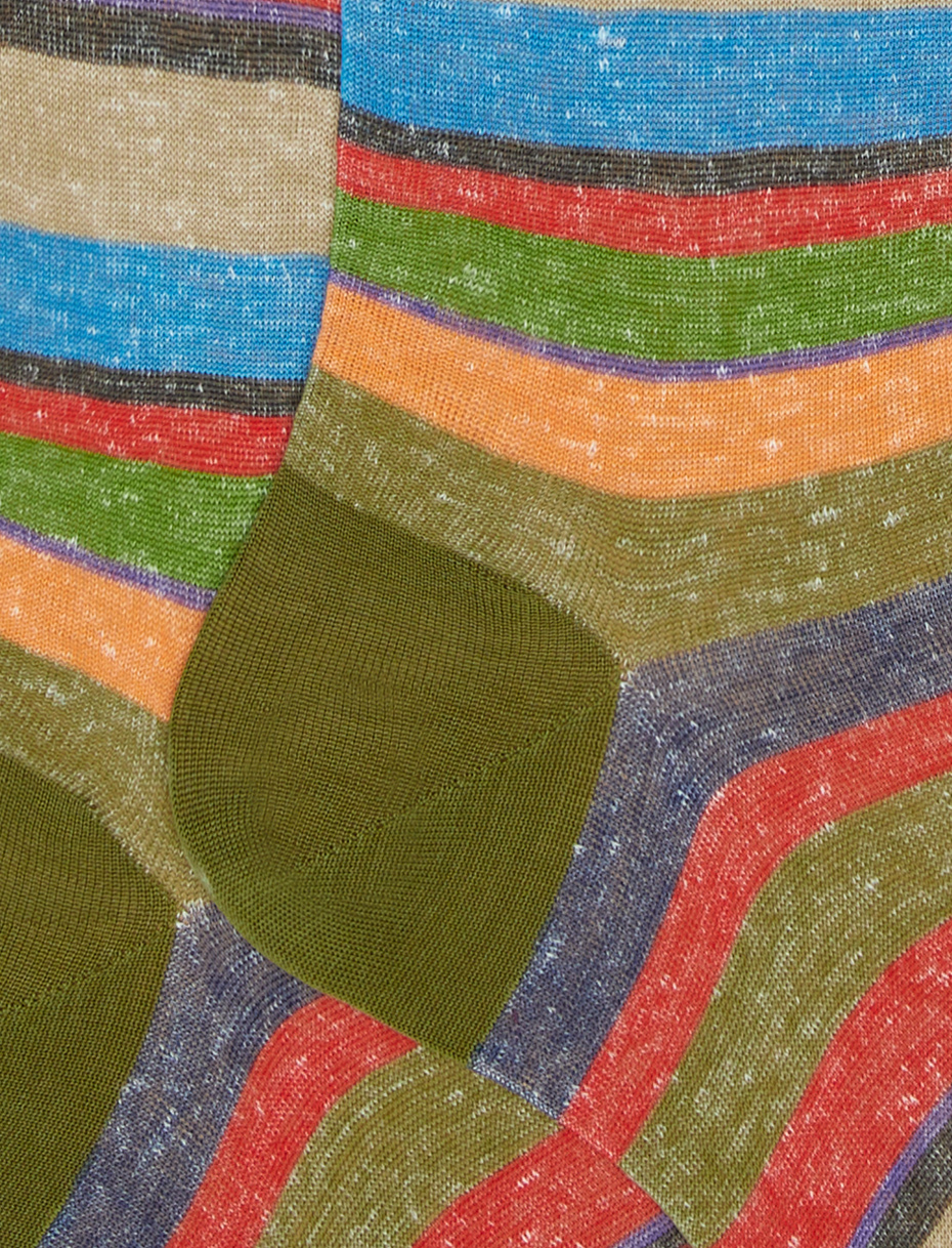 Men's long moss green cotton/linen socks with multicoloured stripes - Gallo 1927 - Official Online Shop