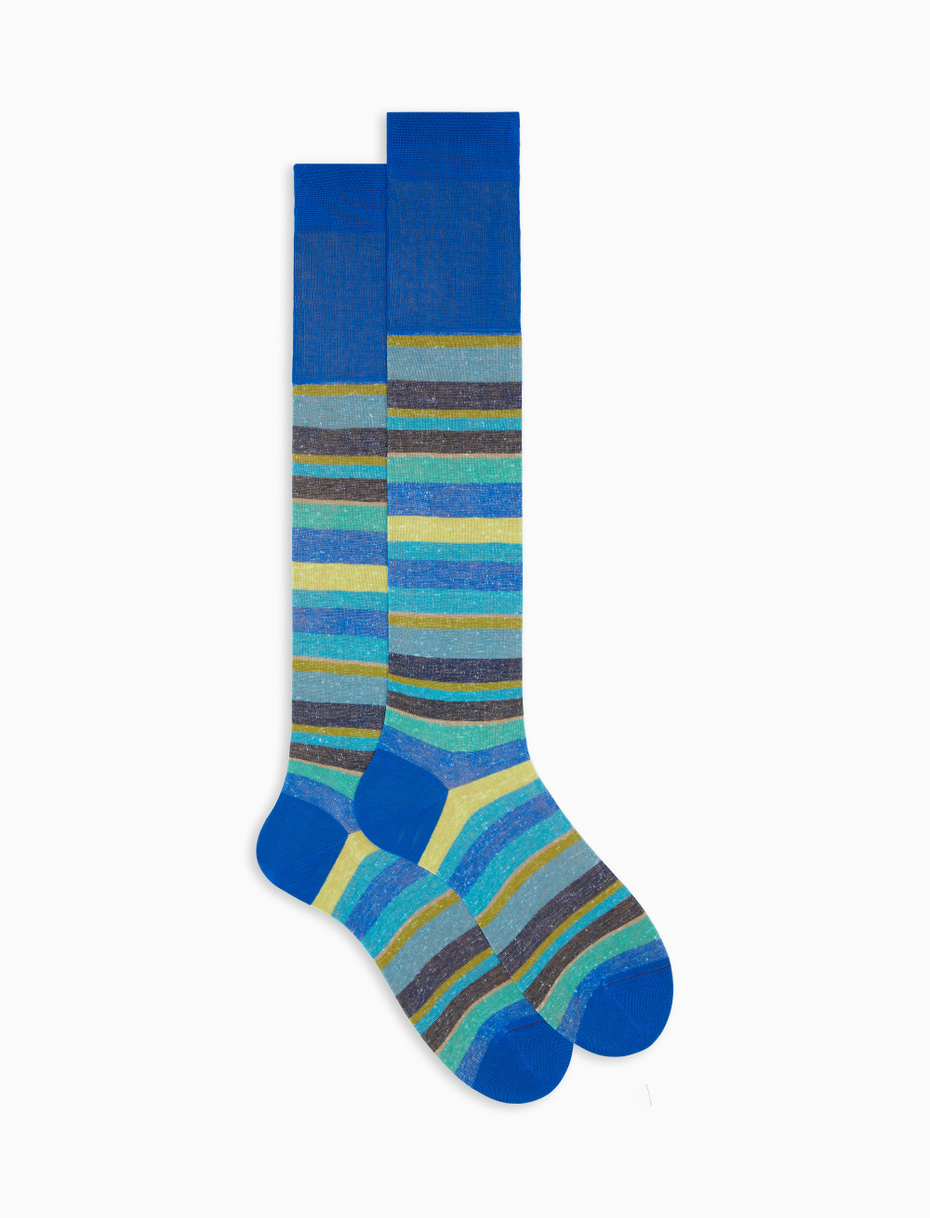 Men's long army french blue cotton/linen socks with multicoloured stripes - Gallo 1927 - Official Online Shop