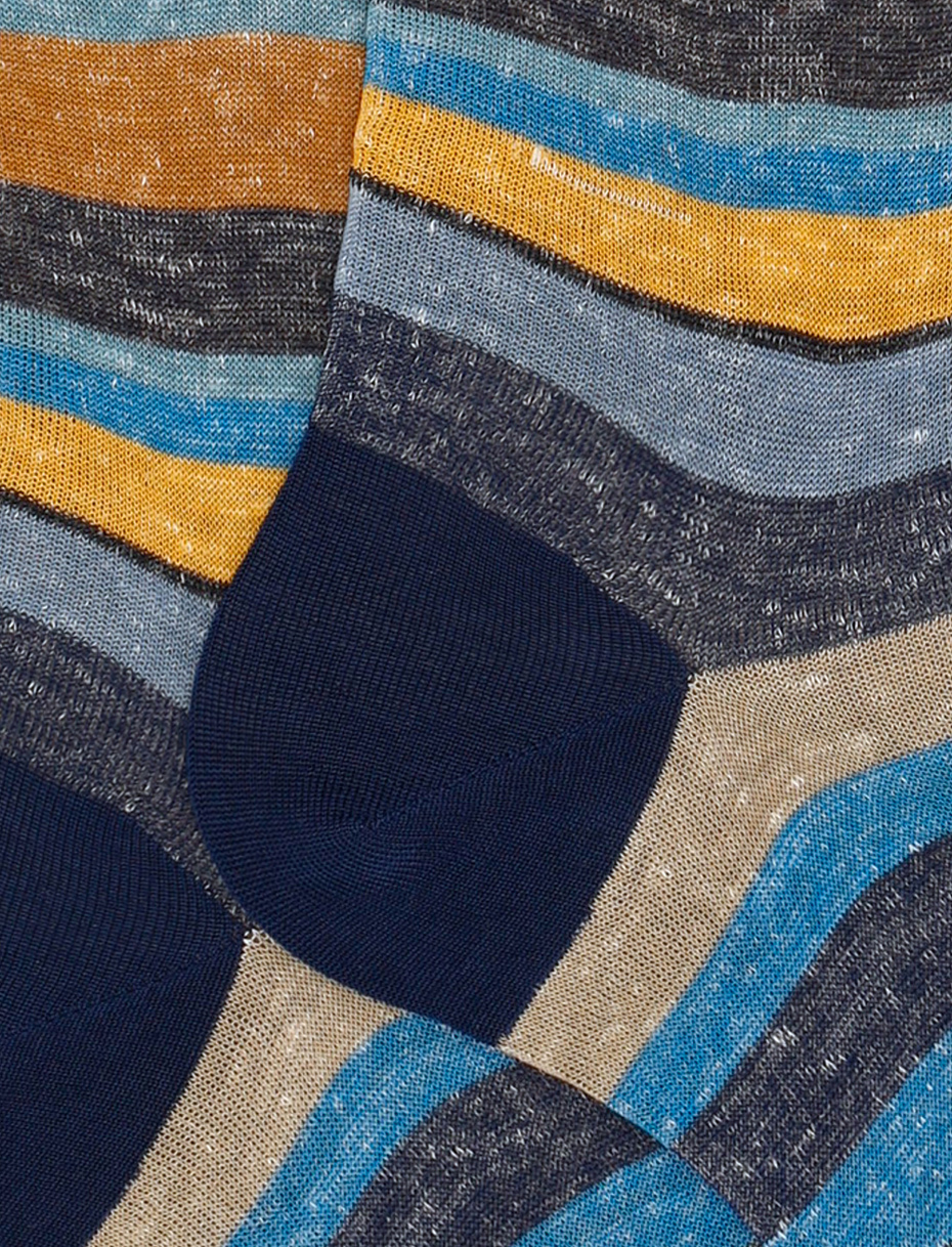Men's long blue cotton and linen socks with multicoloured stripes - Gallo 1927 - Official Online Shop