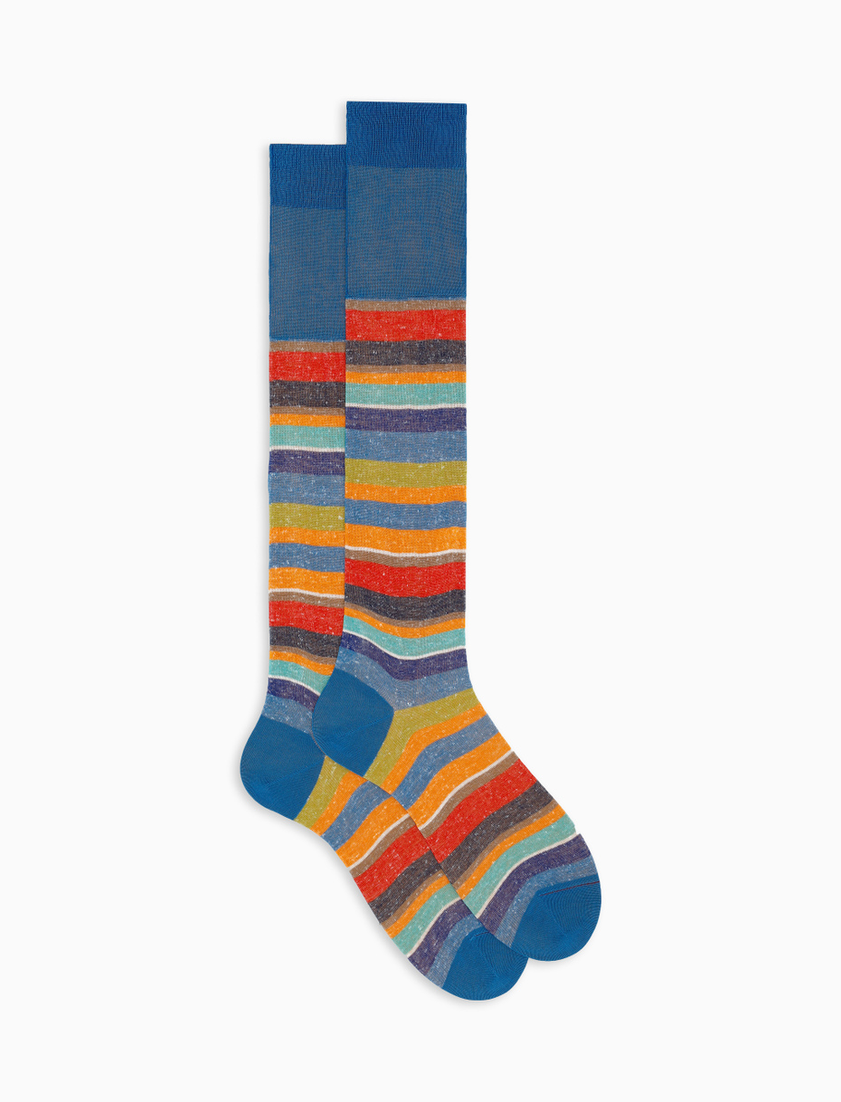 Men's long light blue cotton and linen socks with multicoloured stripes - Gallo 1927 - Official Online Shop