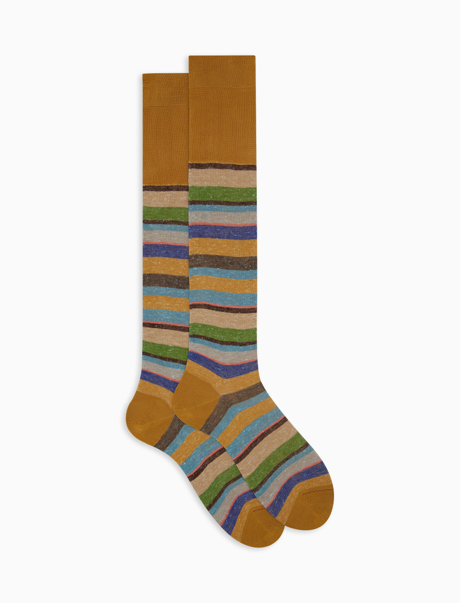 Men's long yellow cotton and linen socks with multicoloured stripes - Gallo 1927 - Official Online Shop