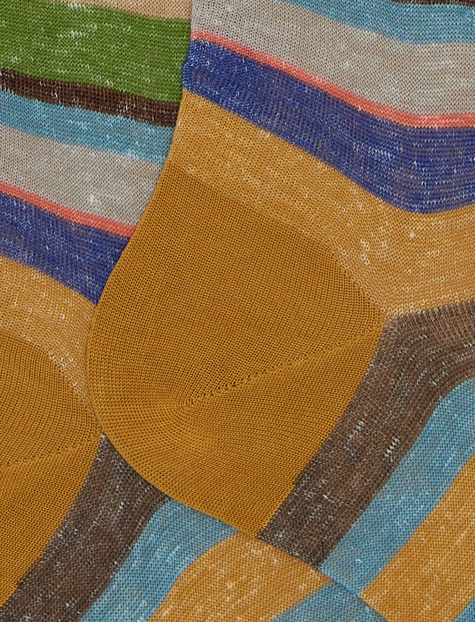 Men's long yellow cotton and linen socks with multicoloured stripes - Gallo 1927 - Official Online Shop