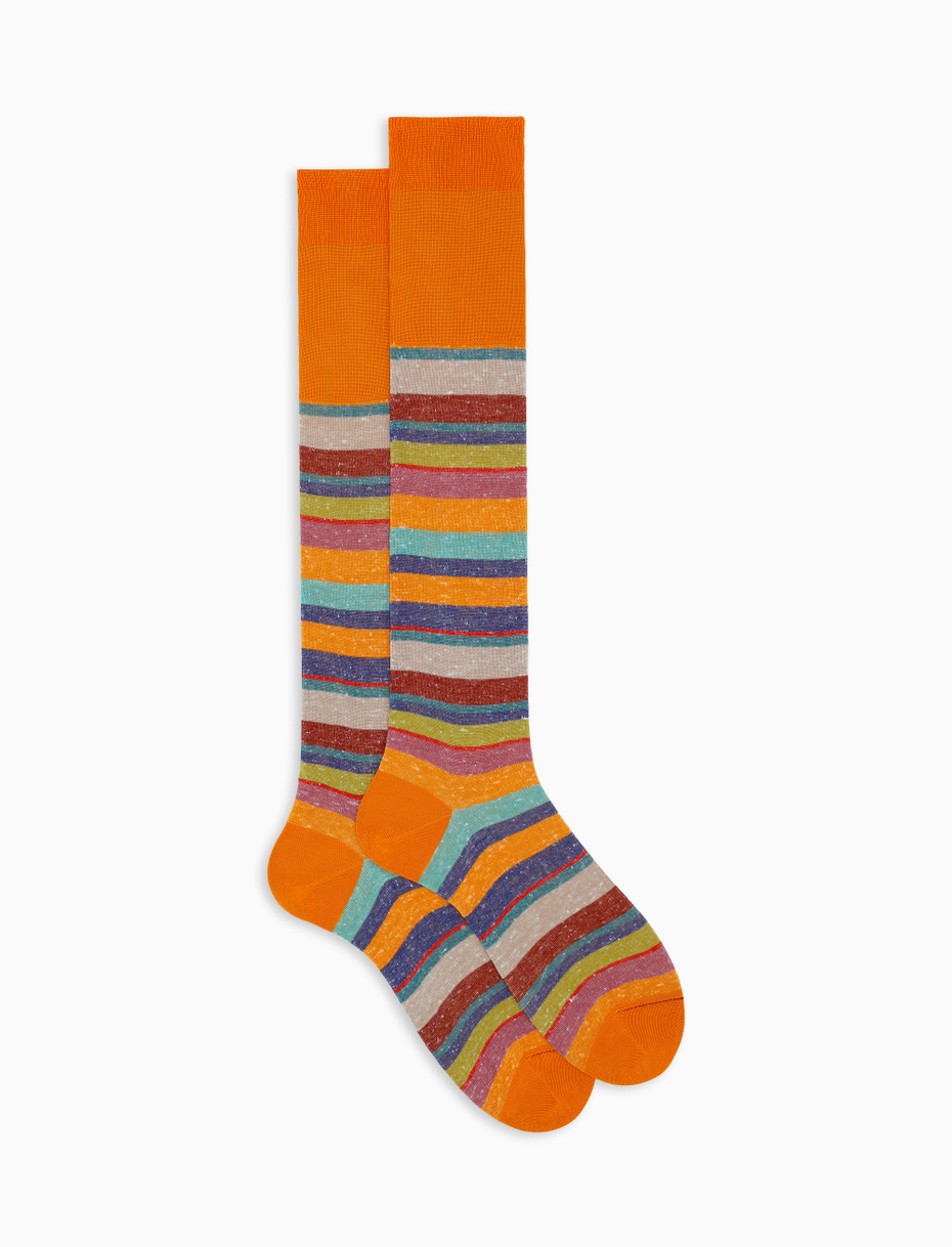 Men's long orange cotton and linen socks with multicoloured stripes - Gallo 1927 - Official Online Shop
