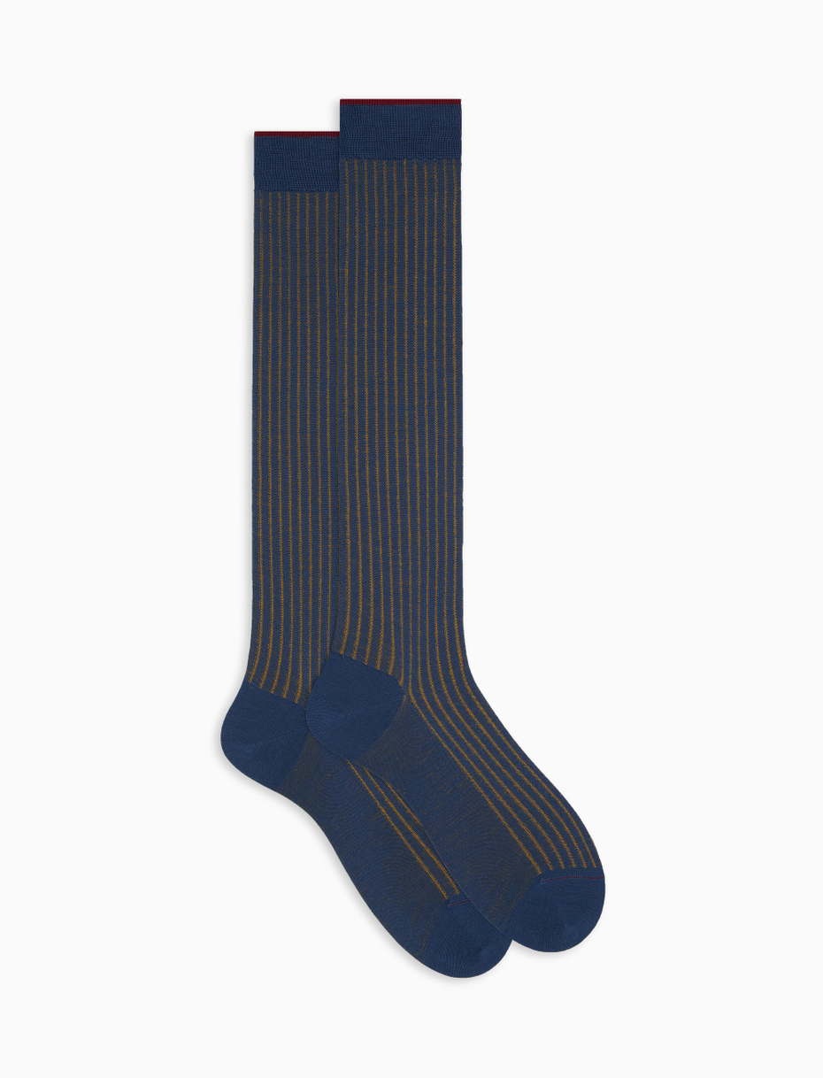 Men's long blue plated cotton and wool socks - Gallo 1927 - Official Online Shop