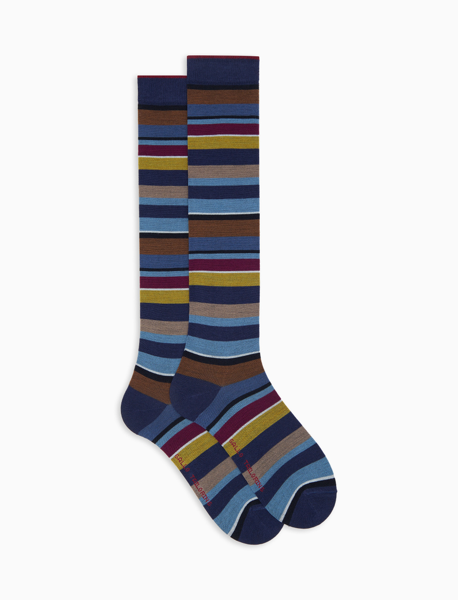 Men's long blue wool socks with multicoloured stripes - Gallo 1927 - Official Online Shop